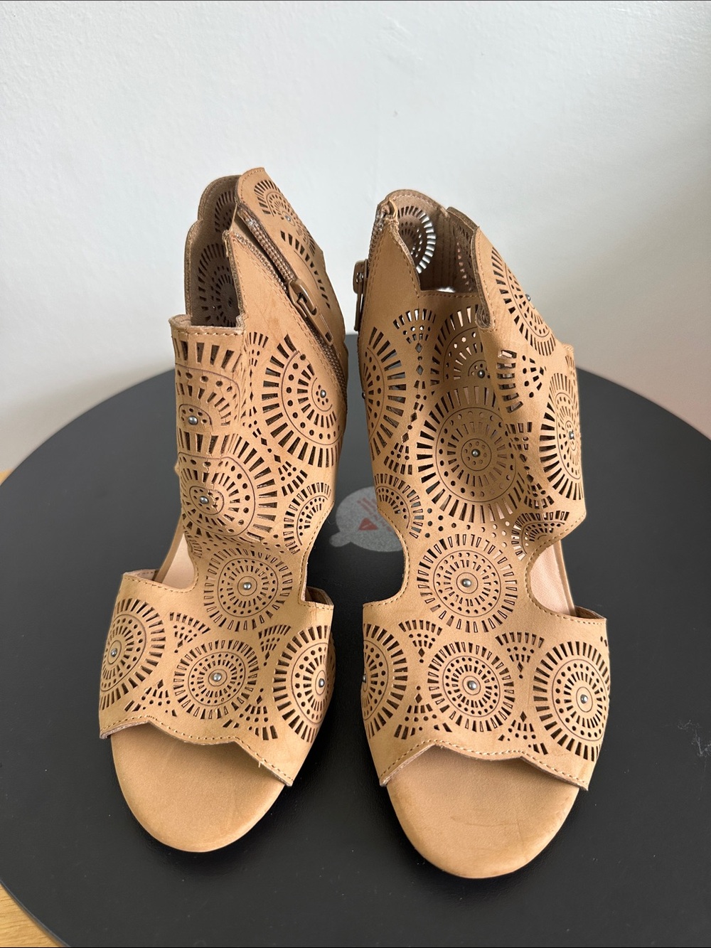 XOXO Tan Laser-Cut Peep-Toe Ankle Zip Heels